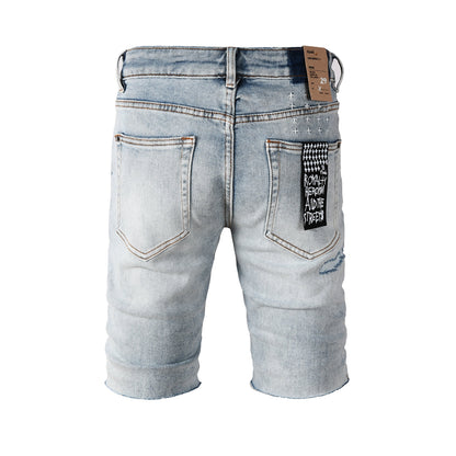 Men's Vintage Light Wash Ripped Denim Shorts with Raw Cut Hem and Distressed Details 2003