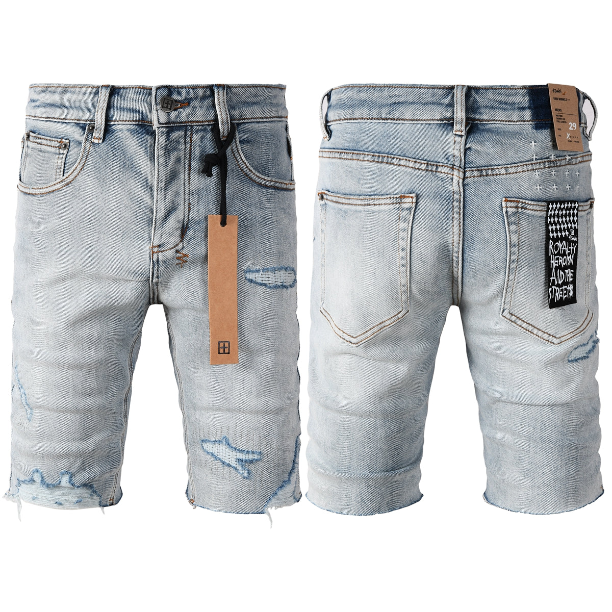 Men's Vintage Light Wash Ripped Denim Shorts with Raw Cut Hem and Distressed Details 2003