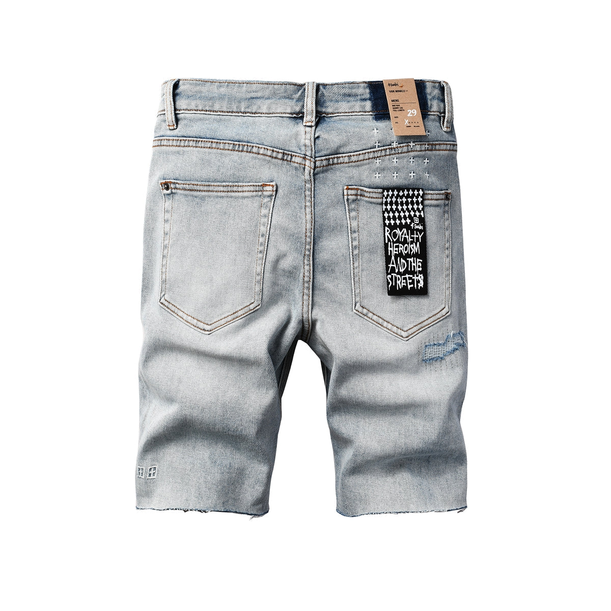 Men's Vintage Light Wash Ripped Denim Shorts with Raw Cut Hem and Distressed Details 2003