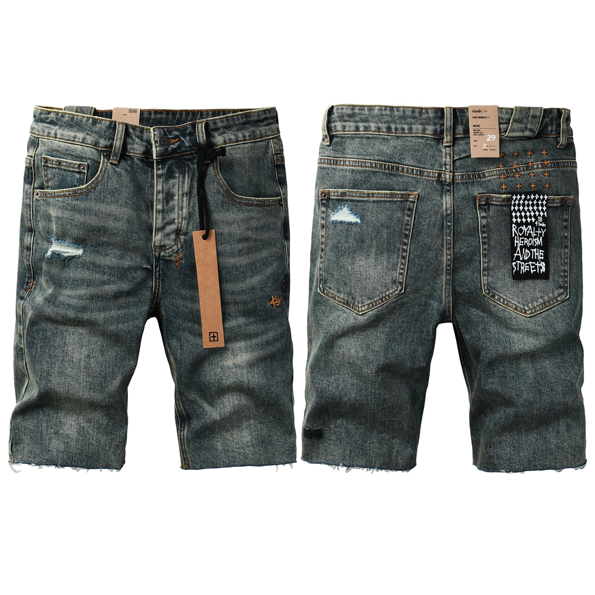 Men Streetwear Denim Shorts Dark Washed Blue with Distressed Details Raw Hem and Graphic Patch 2004