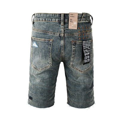 Men Streetwear Denim Shorts Dark Washed Blue with Distressed Details Raw Hem and Graphic Patch 2004