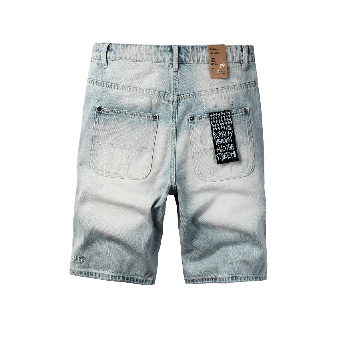 Men Streetwear Denim Shorts Light Washed Blue with Graphic Patch and Relaxed Fit 2005