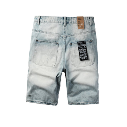 Men Streetwear Denim Shorts Light Washed Blue with Graphic Patch and Relaxed Fit 2005