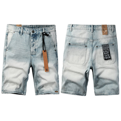 Men Streetwear Denim Shorts Light Washed Blue with Graphic Patch and Relaxed Fit 2005