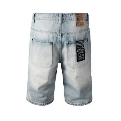 Men Streetwear Denim Shorts Light Washed Blue with Graphic Patch and Relaxed Fit 2005