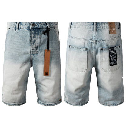 Men Streetwear Denim Shorts Light Washed Blue with Graphic Patch and Relaxed Fit 2005