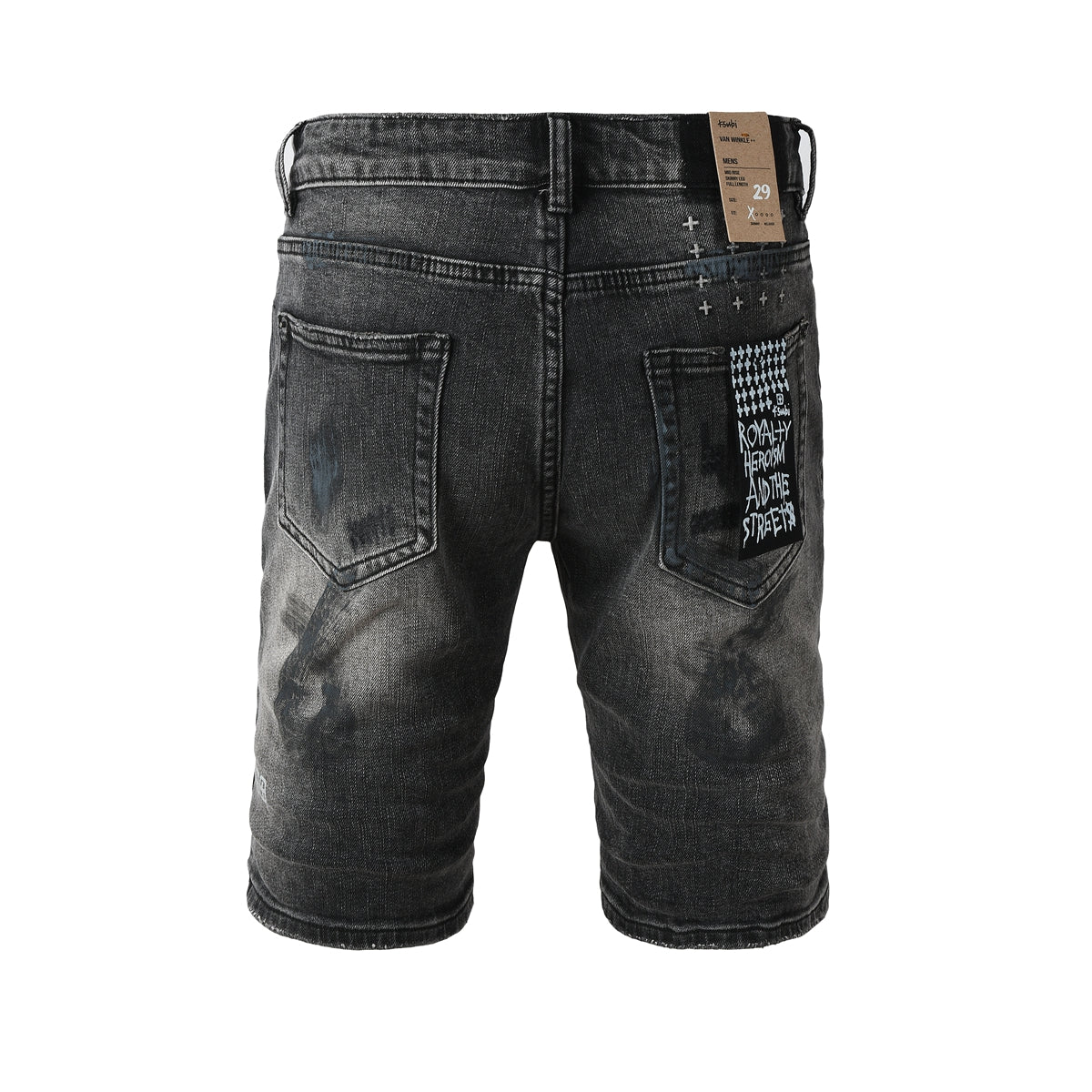 Men Streetwear Denim Shorts Dark Washed Black with Paint Effect Distressed Details and Graphic Patch 2007