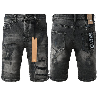 Men Streetwear Denim Shorts Dark Washed Black with Paint Effect Distressed Details and Graphic Patch 2007