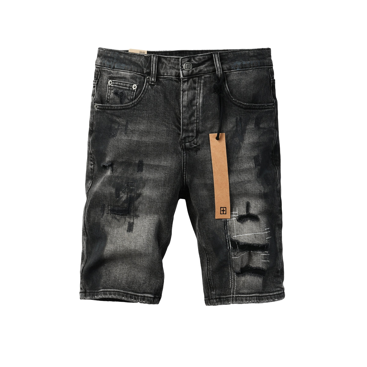 Men Streetwear Denim Shorts Dark Washed Black with Paint Effect Distressed Details and Graphic Patch 2007