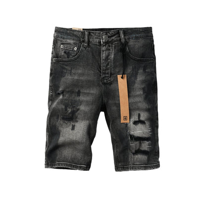 Men Streetwear Denim Shorts Dark Washed Black with Paint Effect Distressed Details and Graphic Patch 2007