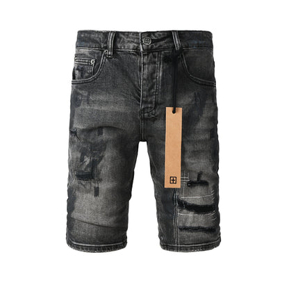 Men Streetwear Denim Shorts Dark Washed Black with Paint Effect Distressed Details and Graphic Patch 2007