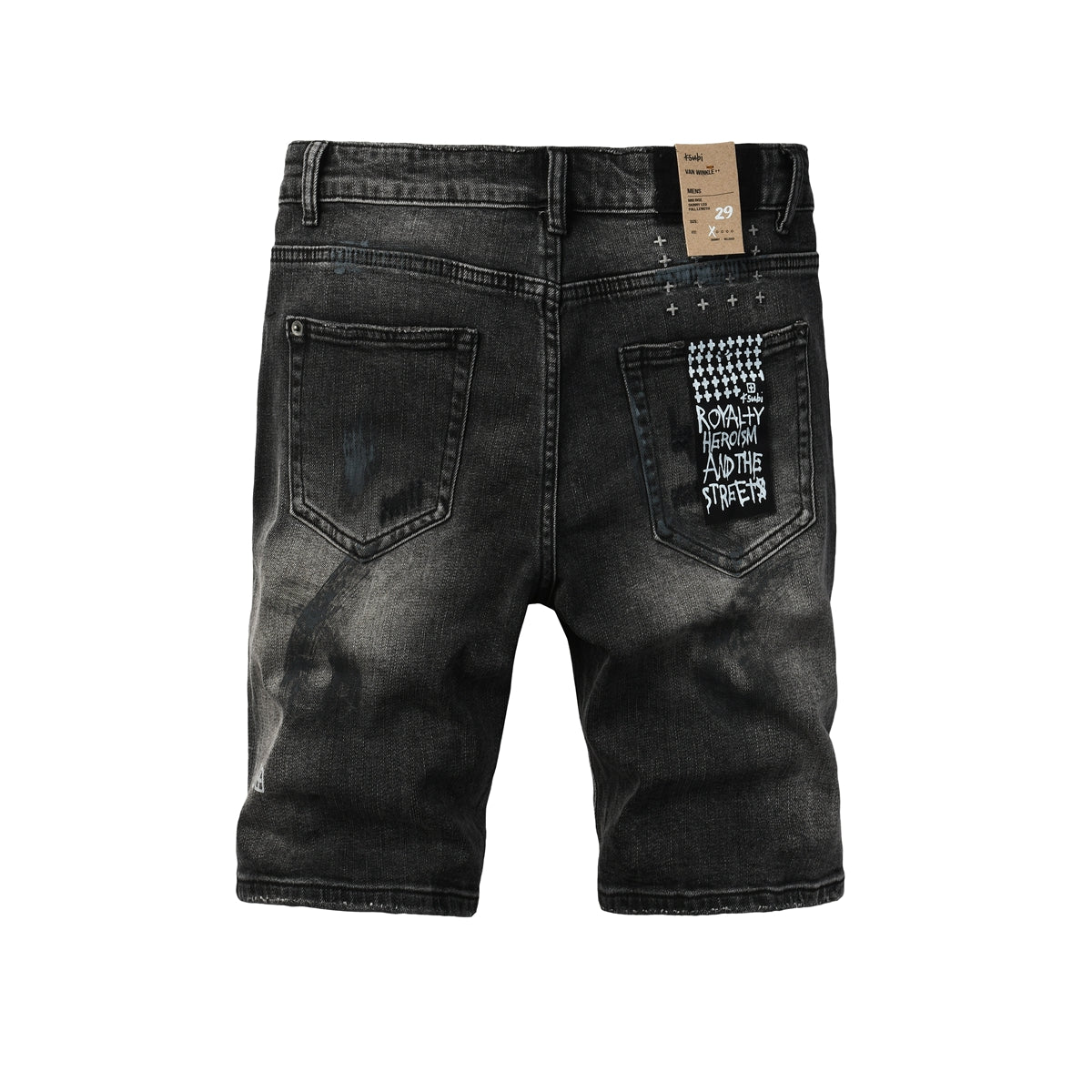 Men Streetwear Denim Shorts Dark Washed Black with Paint Effect Distressed Details and Graphic Patch 2007