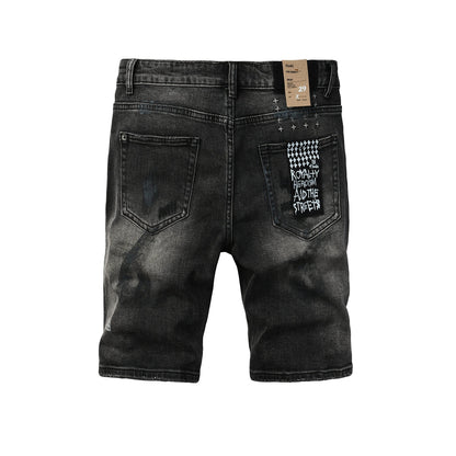 Men Streetwear Denim Shorts Dark Washed Black with Paint Effect Distressed Details and Graphic Patch 2007