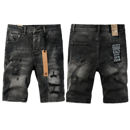 Men Streetwear Denim Shorts Dark Washed Black with Paint Effect Distressed Details and Graphic Patch 2007