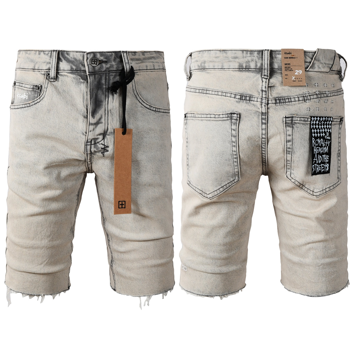 Men's Washed Beige Denim Shorts with Frayed Hem, Graphic Back Patch, and Urban Streetwear Detailing 2008