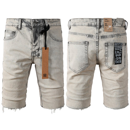Men's Washed Beige Denim Shorts with Frayed Hem, Graphic Back Patch, and Urban Streetwear Detailing 2008