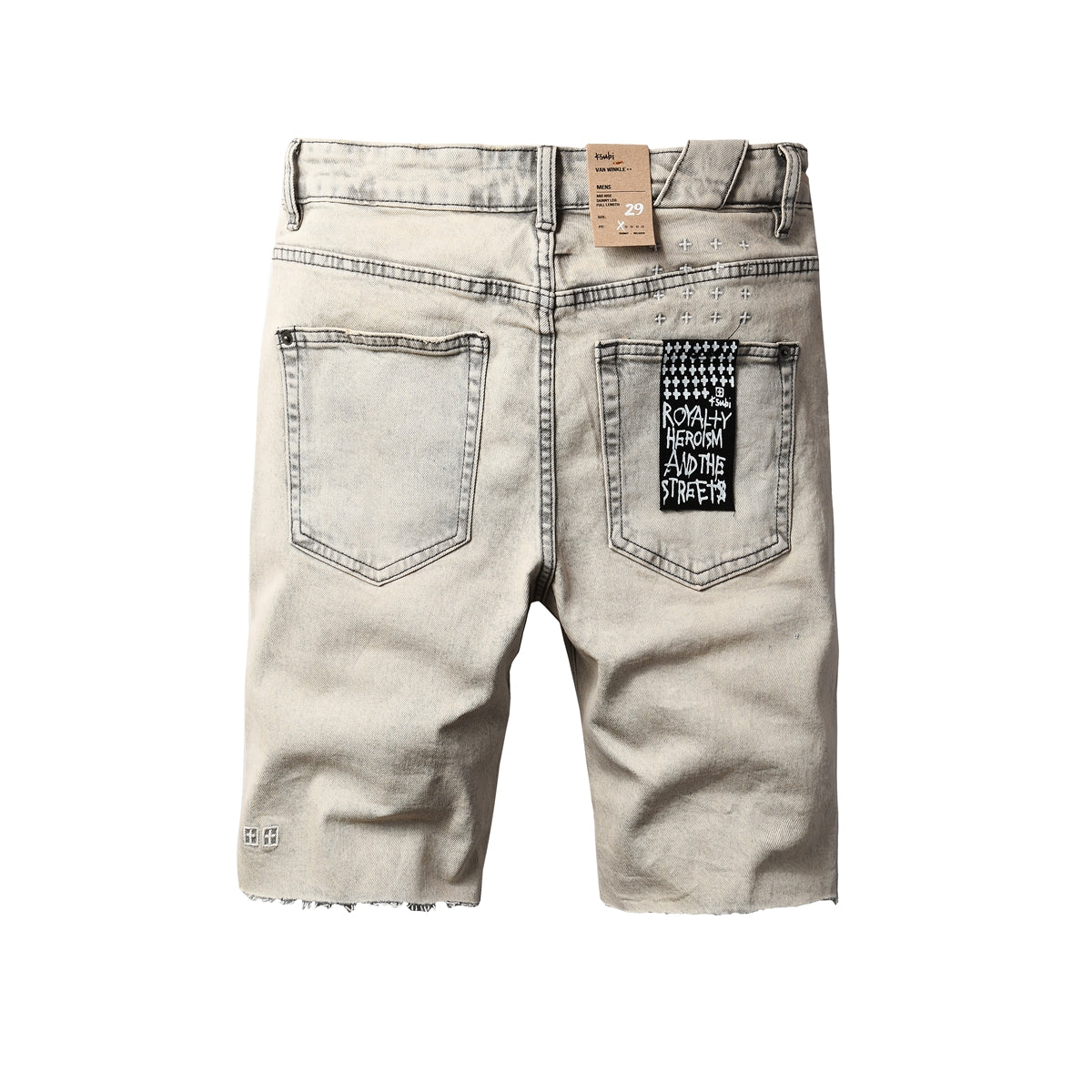 Men's Washed Beige Denim Shorts with Frayed Hem, Graphic Back Patch, and Urban Streetwear Detailing 2008