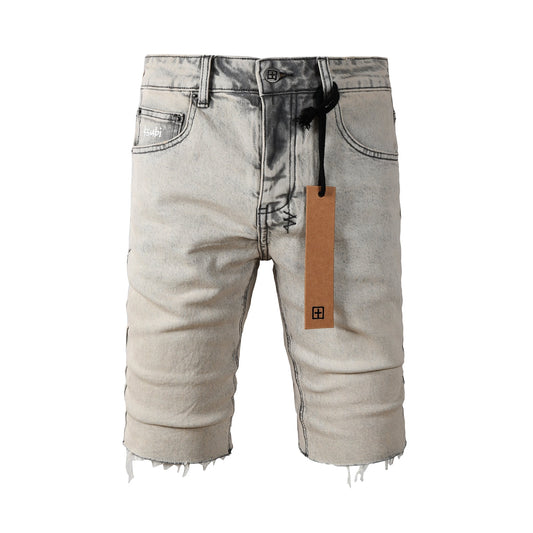 Men's Washed Beige Denim Shorts with Frayed Hem, Graphic Back Patch, and Urban Streetwear Detailing 2008