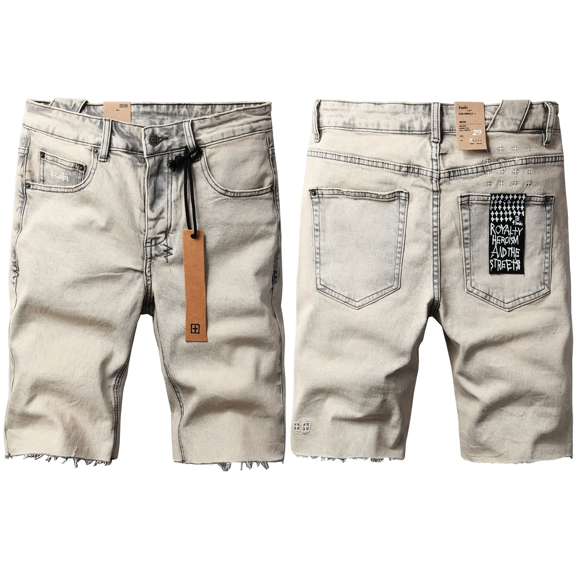 Men's Washed Beige Denim Shorts with Frayed Hem, Graphic Back Patch, and Urban Streetwear Detailing 2008