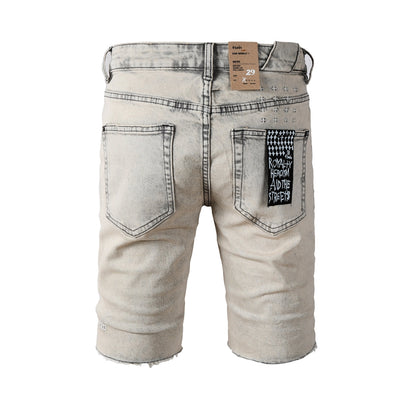 Men's Washed Beige Denim Shorts with Frayed Hem, Graphic Back Patch, and Urban Streetwear Detailing 2008