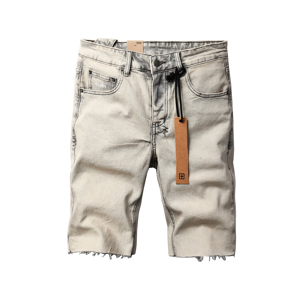 Men's Washed Beige Denim Shorts with Frayed Hem, Graphic Back Patch, and Urban Streetwear Detailing 2008
