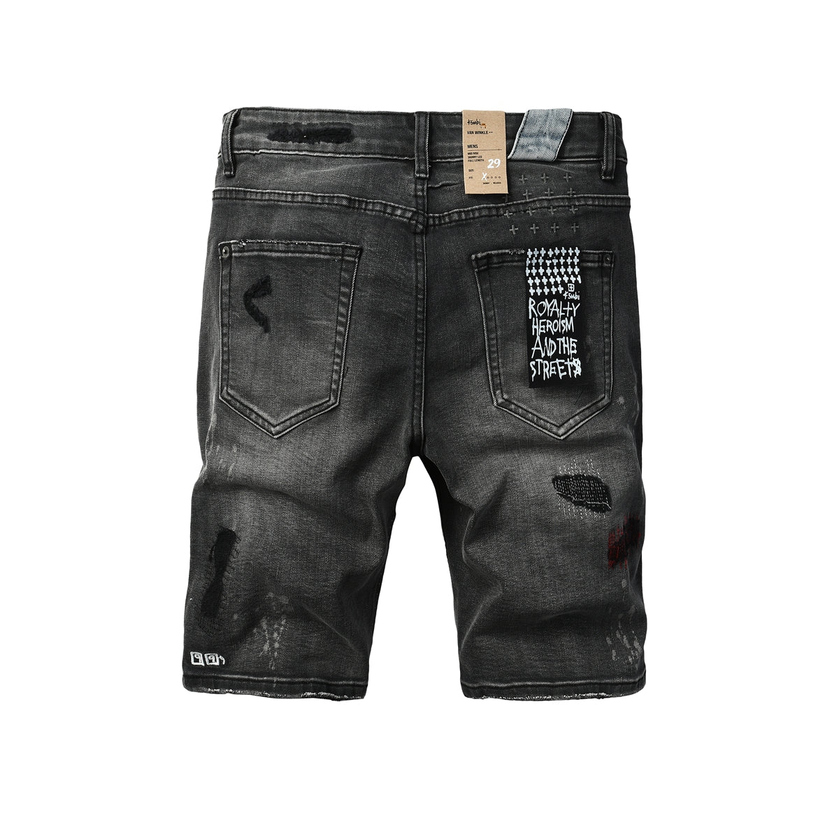 Men's Washed Black Distressed Denim Shorts with Graffiti Patchwork and Urban Street Style Detailing 2009