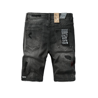 Men's Washed Black Distressed Denim Shorts with Graffiti Patchwork and Urban Street Style Detailing 2009