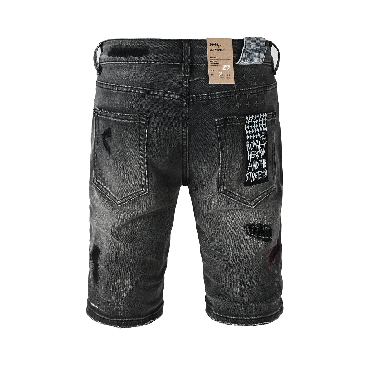 Men's Washed Black Distressed Denim Shorts with Graffiti Patchwork and Urban Street Style Detailing 2009