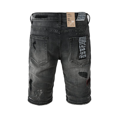 Men's Washed Black Distressed Denim Shorts with Graffiti Patchwork and Urban Street Style Detailing 2009