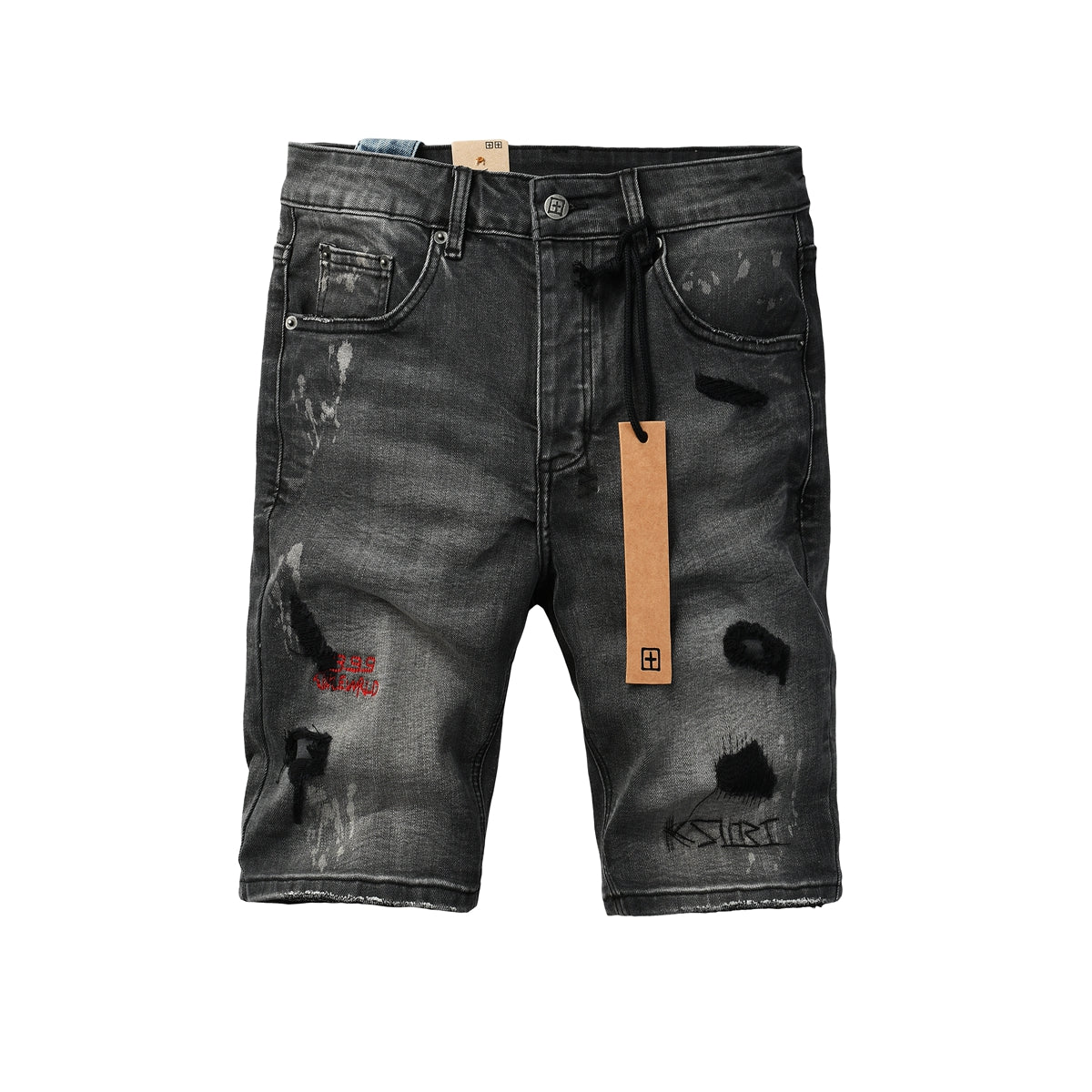 Men's Washed Black Distressed Denim Shorts with Graffiti Patchwork and Urban Street Style Detailing 2009