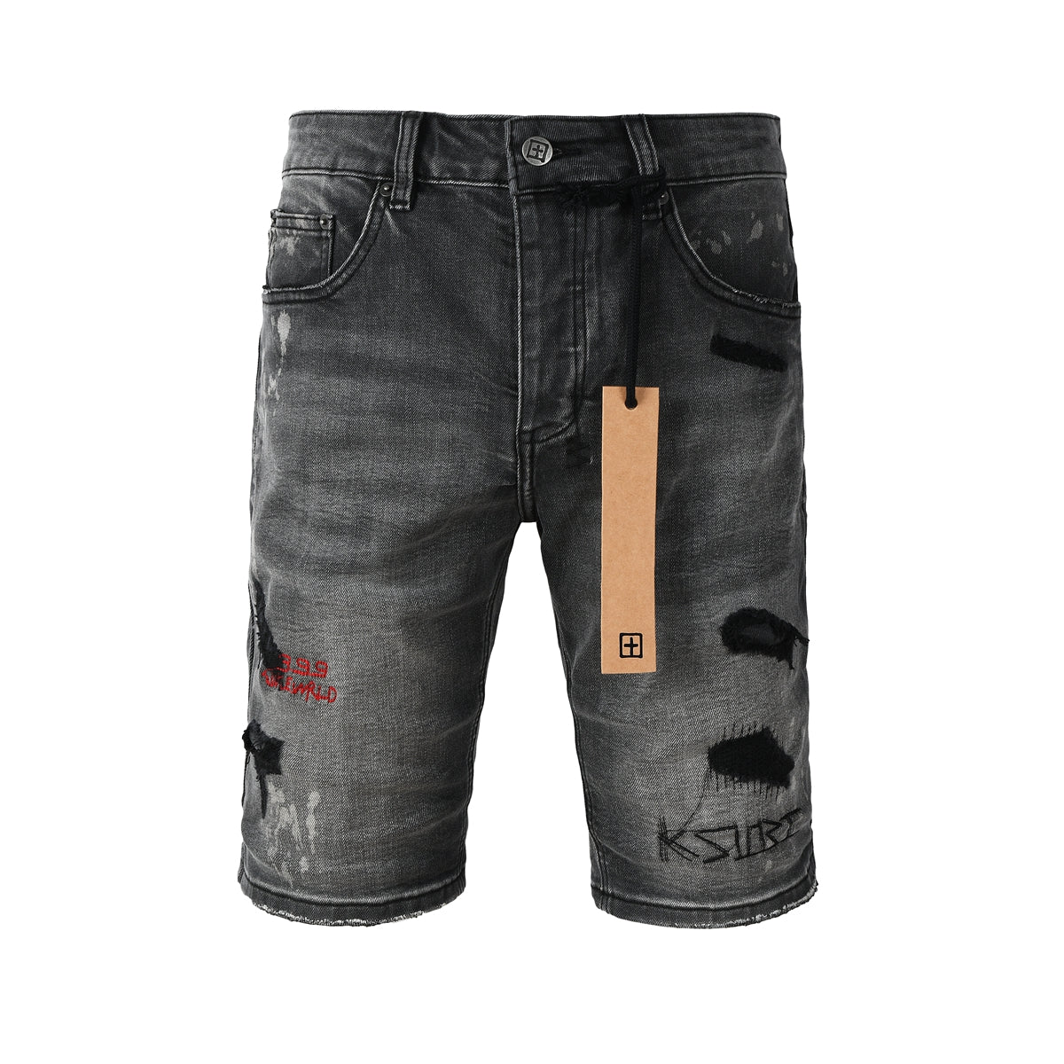 Men's Washed Black Distressed Denim Shorts with Graffiti Patchwork and Urban Street Style Detailing 2009