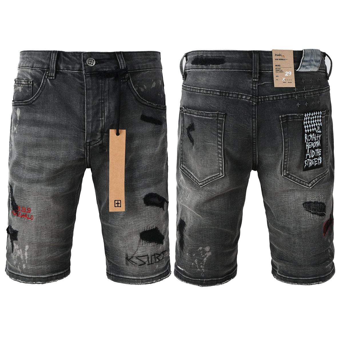Men's Washed Black Distressed Denim Shorts with Graffiti Patchwork and Urban Street Style Detailing 2009