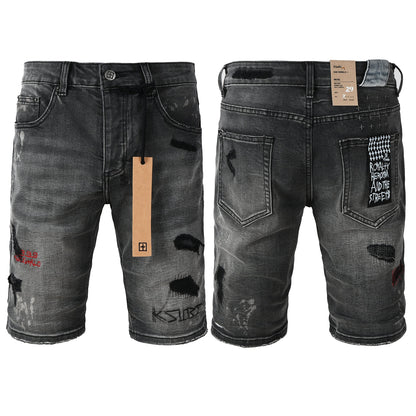 Men's Washed Black Distressed Denim Shorts with Graffiti Patchwork and Urban Street Style Detailing 2009