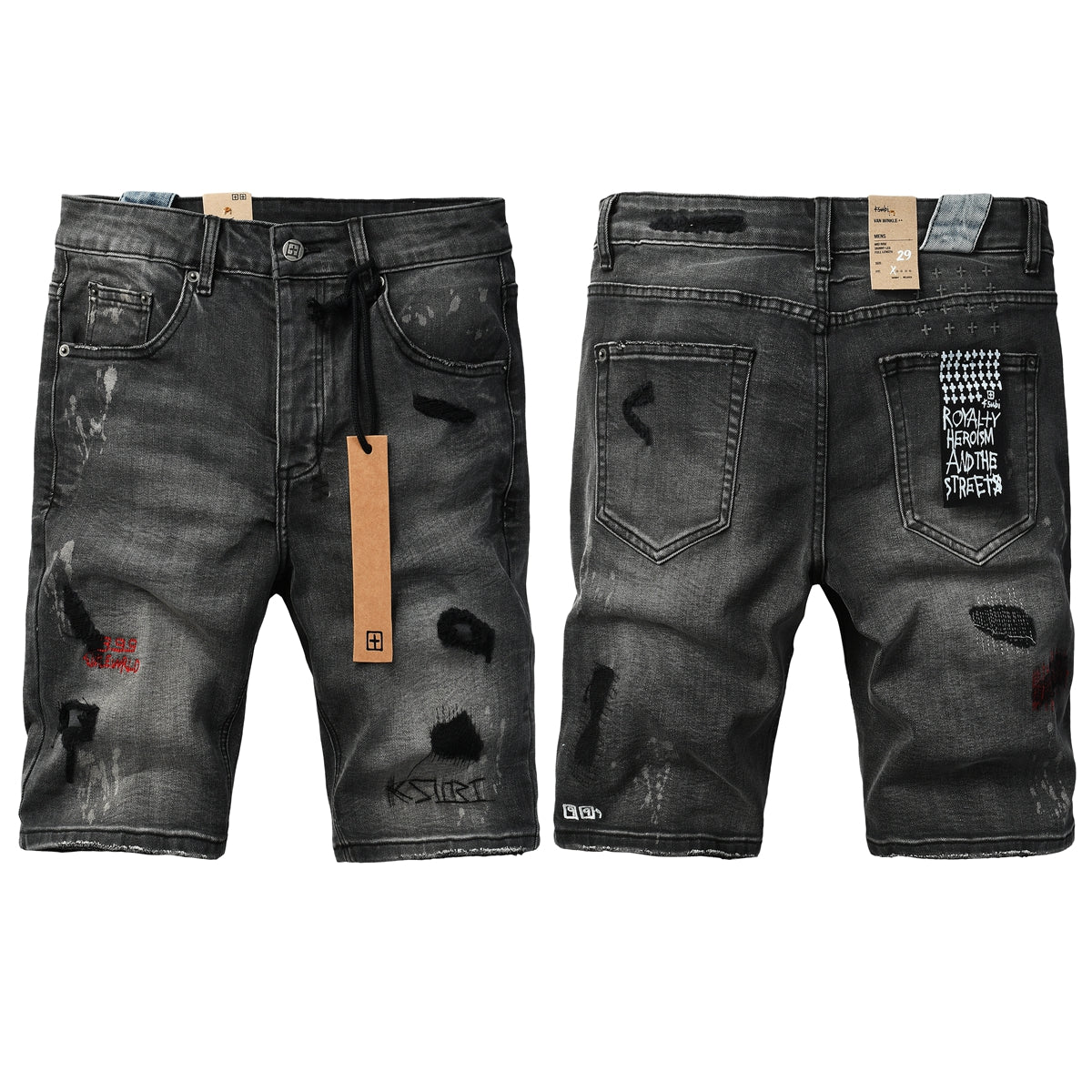 Men's Washed Black Distressed Denim Shorts with Graffiti Patchwork and Urban Street Style Detailing 2009