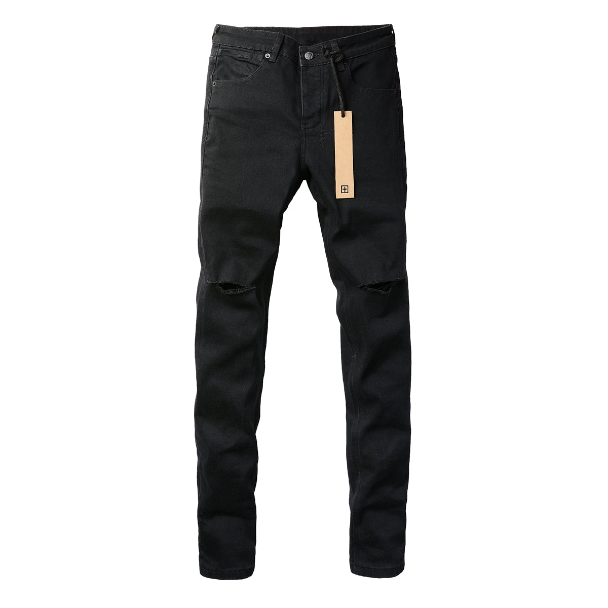 Mid-Rise Black Jeans with Shredded Knees 3005