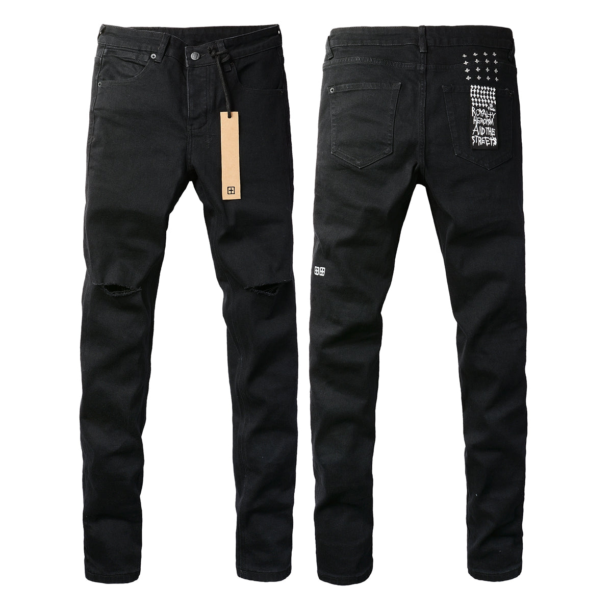 Mid-Rise Black Jeans with Shredded Knees 3005