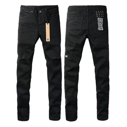 Mid-Rise Black Jeans with Shredded Knees 3005