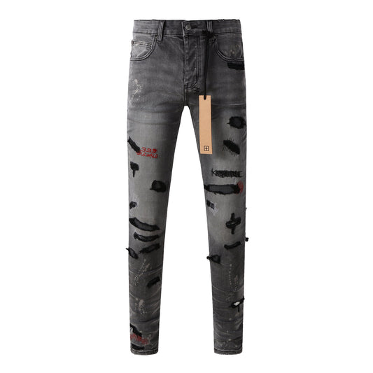 Casual Gray Skinny Jeans with Bold Distressing 3014