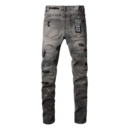 Casual Gray Skinny Jeans with Bold Distressing 3014