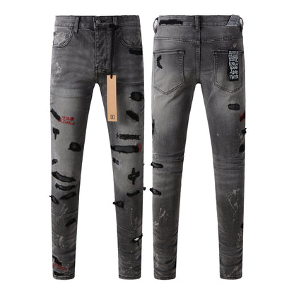 Casual Gray Skinny Jeans with Bold Distressing 3014