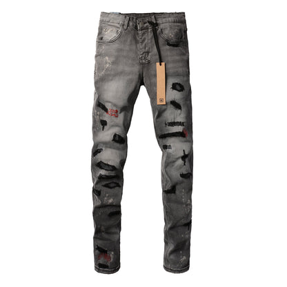 Casual Gray Skinny Jeans with Bold Distressing 3014