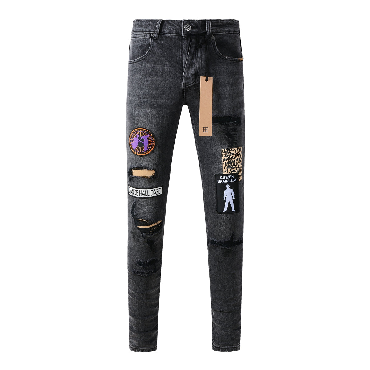 Distressed Black Jeans with Bold Square Patch Details 3021
