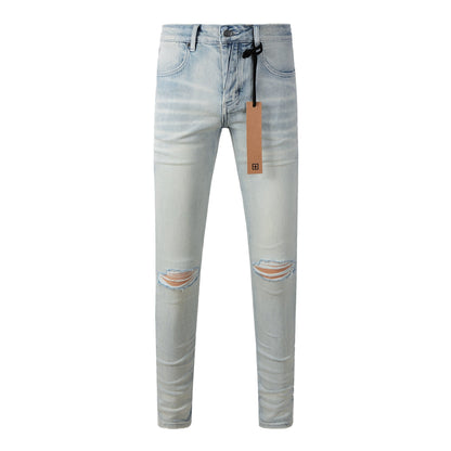 Casual Light Blue Skinny Jeans with Distressed Knee Details 3025
