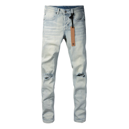 Casual Light Blue Skinny Jeans with Distressed Knee Details 3025