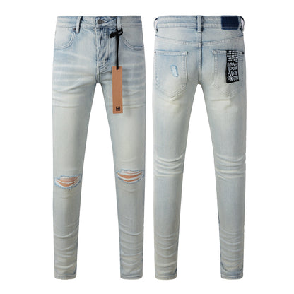 Casual Light Blue Skinny Jeans with Distressed Knee Details 3025