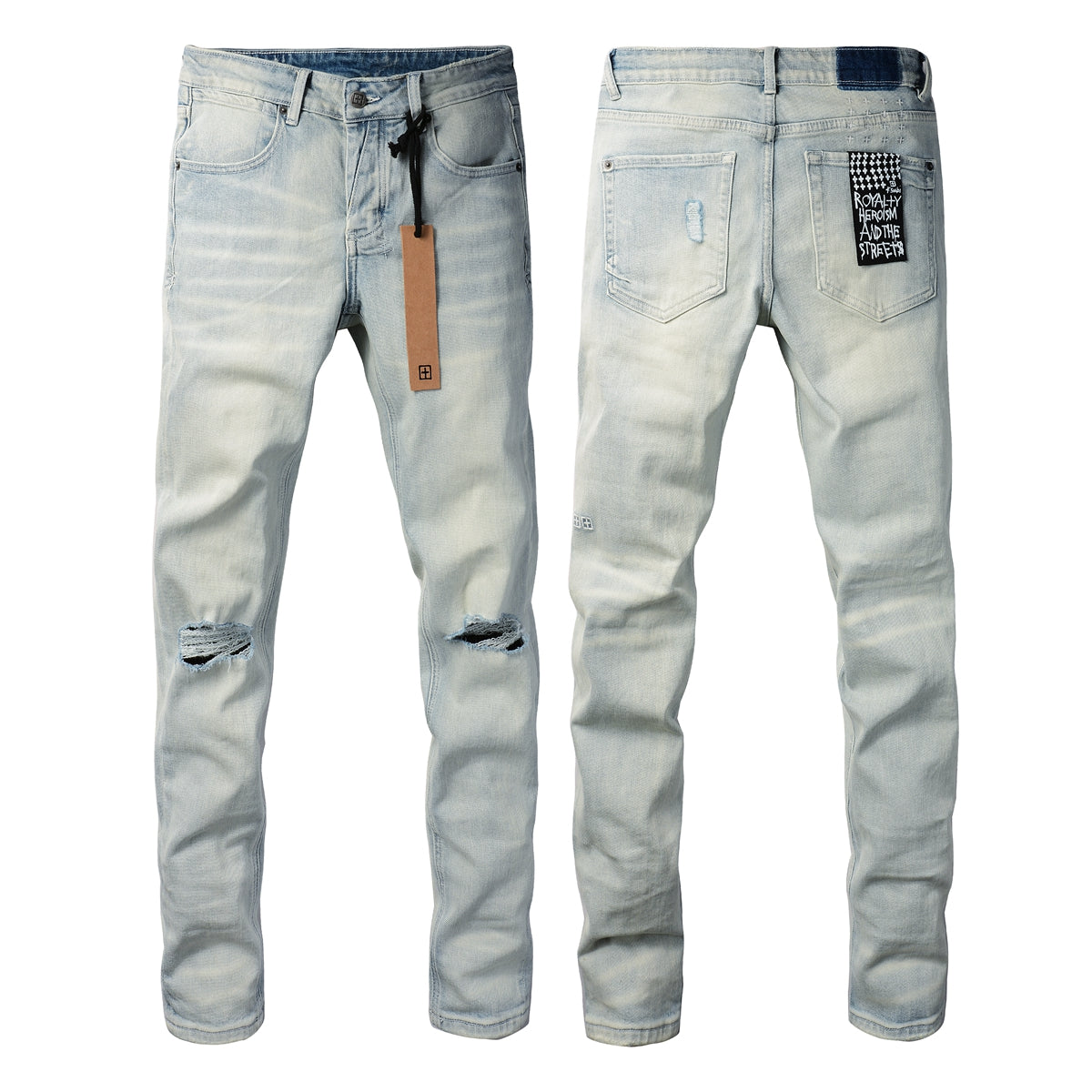 Casual Light Blue Skinny Jeans with Distressed Knee Details 3025