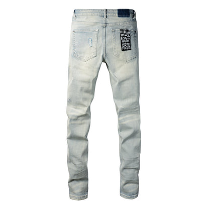 Casual Light Blue Skinny Jeans with Distressed Knee Details 3025