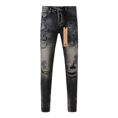 Street Style Black Ripped Jeans with Frayed Knee Accents 3027