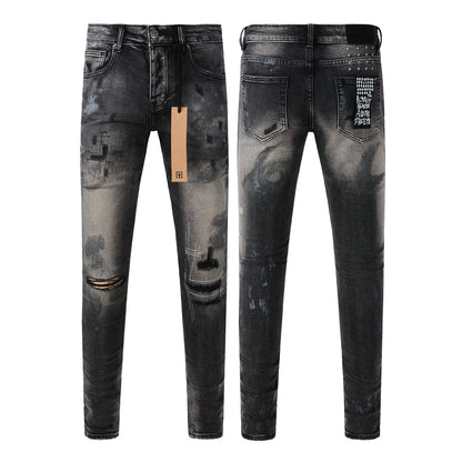 Street Style Black Ripped Jeans with Frayed Knee Accents 3027