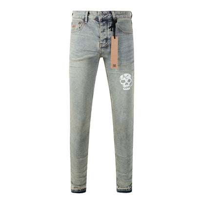 Modern Light Blue Denim with Artistic Smoking Skull Detail 3028